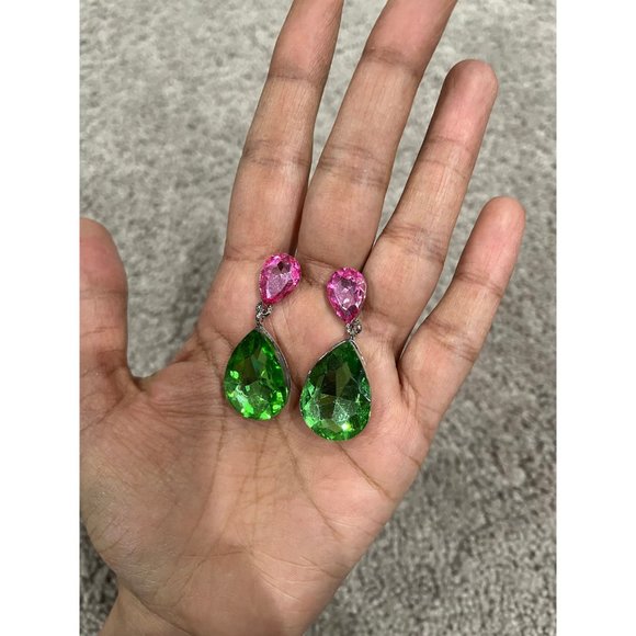Pink& green earring pink Green crystal green teardrop peridot long green earring - Picture 3 of 10